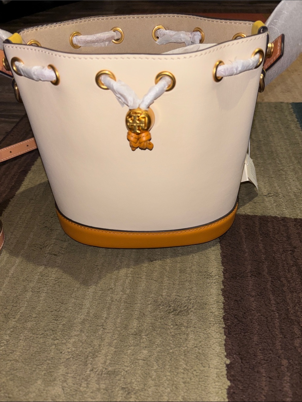Tory Burch White and Tan Leather Bucket Bag by